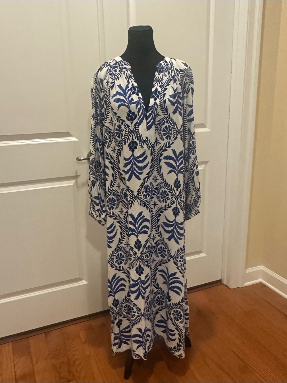 H&M White Maxi Dress with Blue Botanical Print